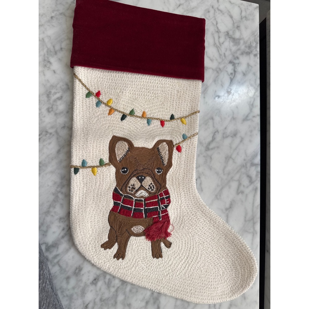 Pottery Barn French Bulldog Crewel Christmas Stocking Burgundy Velvet Cuff